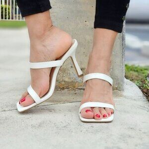 Women White Double Strap Mule Heels Sandals